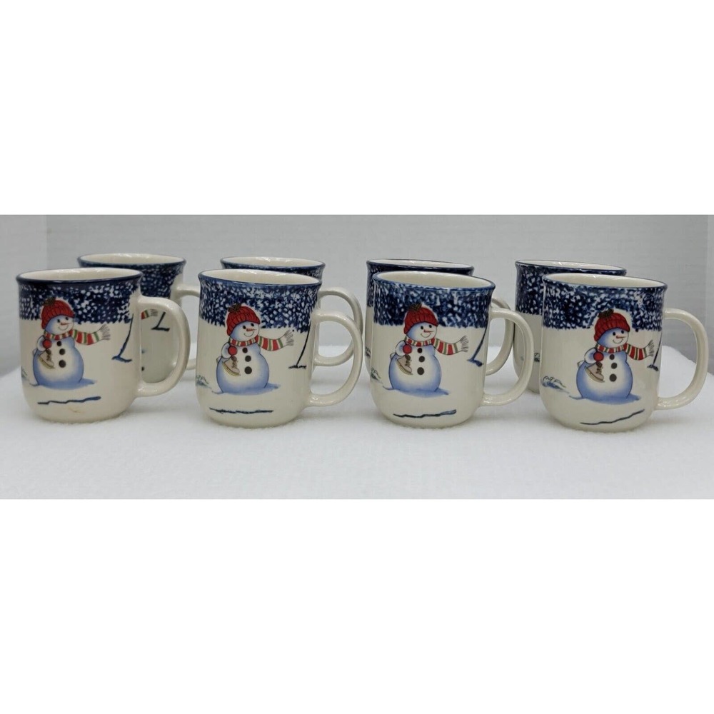 Set Of 8 New In Box Thompson Pottery Snowman Winter Scene Coffee Cups 8 oz.